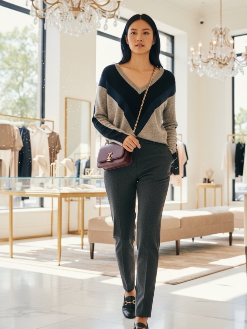 Veronica Beard Color block V-Neck Gray Blue Black Wool Cashmere Blend Sweater